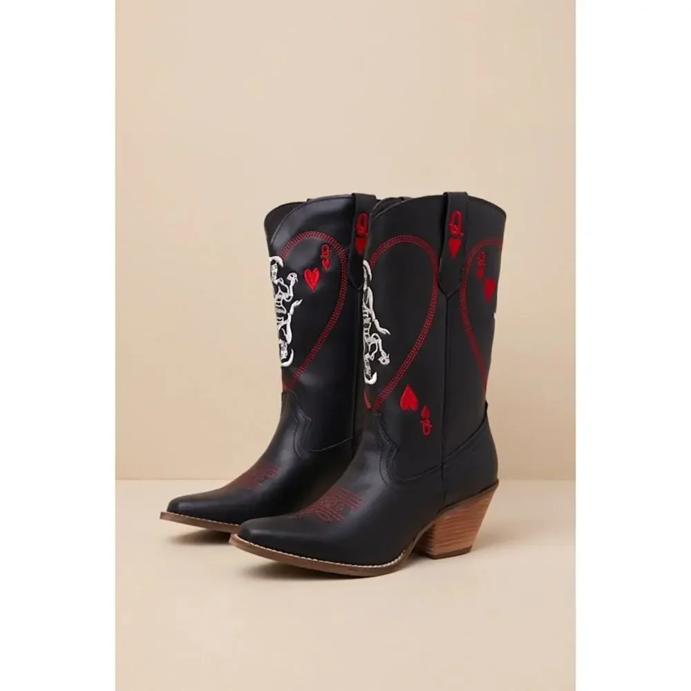 Dingo Queen A Hearts Black Leather Knee-High Western Boots 9.5 - Picture 2 of 7